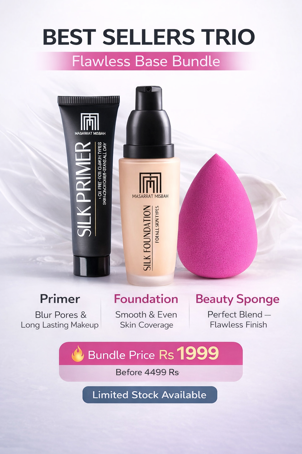 Flawless Base Bundle – Primer, Foundation & Beauty Sponge (Only Rs.1999)
